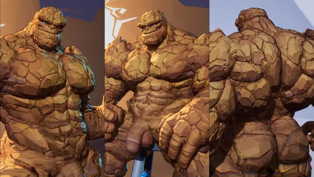 Collage showing multiple angles of the Thing Nude mod model in Marvel Rivals