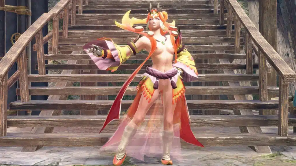 Monster Hunter Rise skimpy Narwa Pure armor mod screenshot with character posing and arm extended