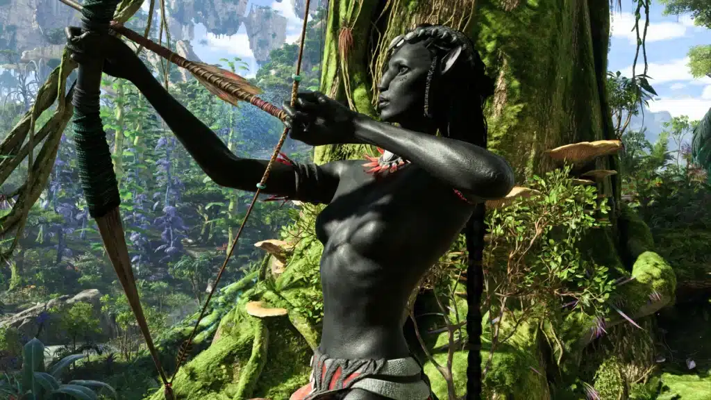 Black Na’vi variant aiming a bow in jungle environment from Natural Nudity Black and White mod