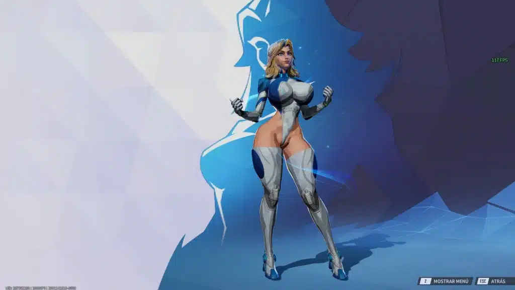 Marvel Rivals character menu screenshot showing Invisible Woman NSFW mod front view with altered suit design