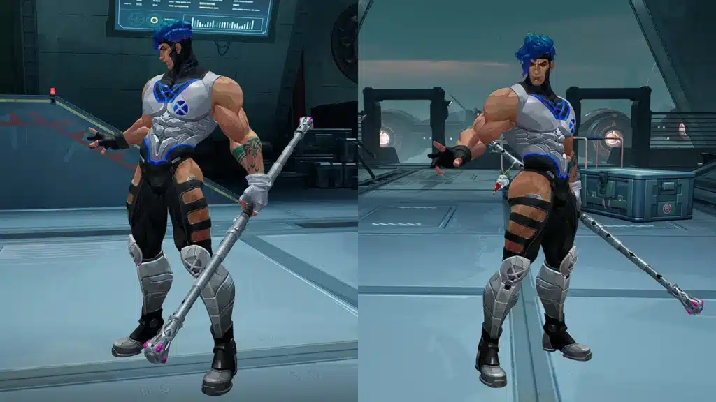 Marvel Rivals Gambit breathable pants mod preview showing full body pose comparison