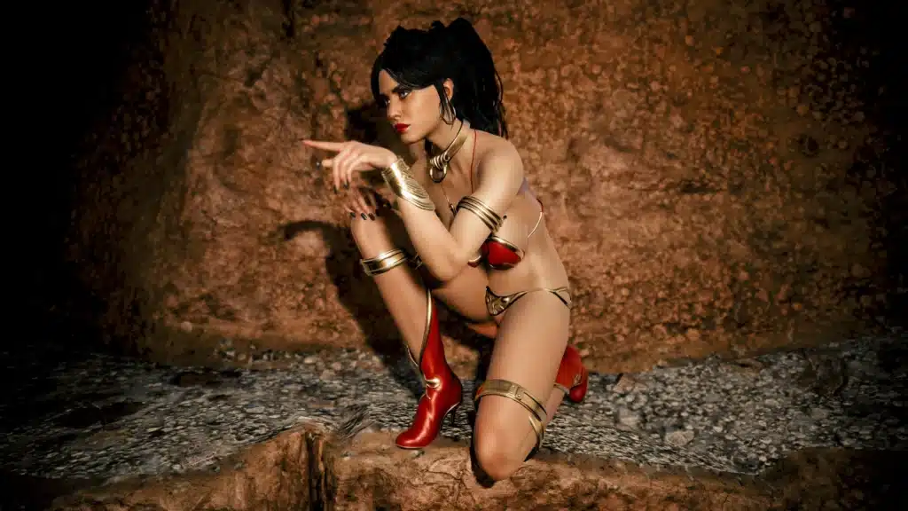 Cyberpunk 2077 female V crouching in Princess Leia slave outfit inspired by Star Wars