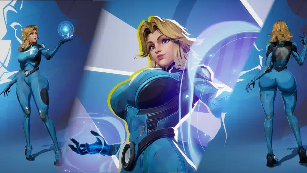 Marvel Rivals Thicc Invisible Woman mod preview showing blue suit variant with front and back full-body views