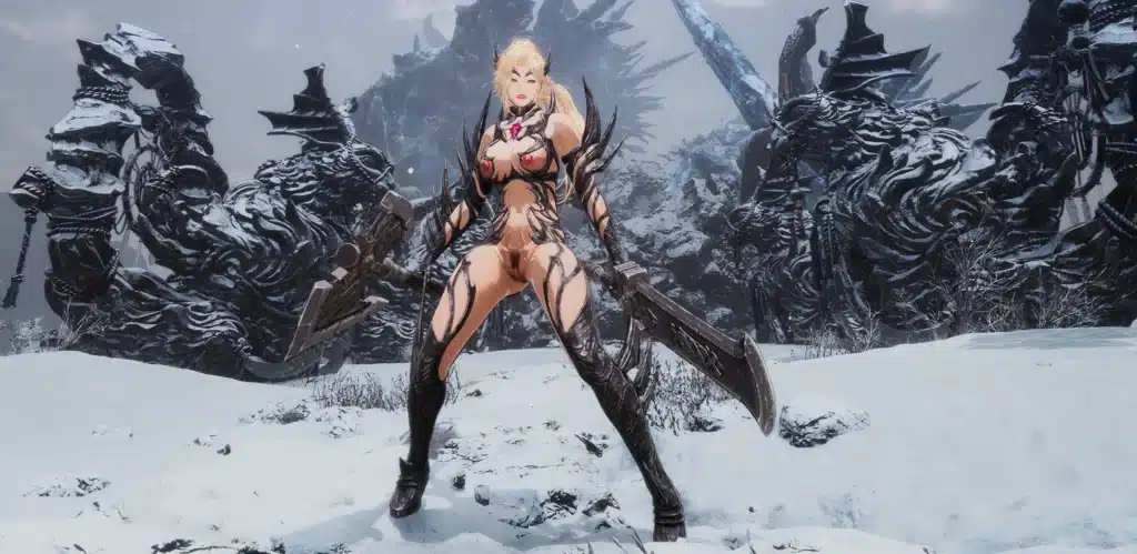 The First Berserker Khazan NAUGHTY GOTHIC KHASANDRA NSFW mod full-body front view in snowy environment with dark statues