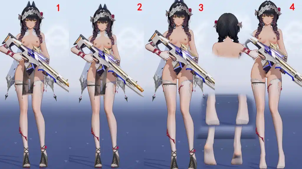 Comparison of multiple Mauxir B02 mod variants labeled 1 to 4 in Snowbreak: Containment Zone