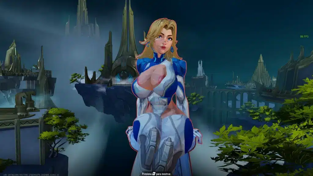 Close-up screenshot of Invisible Woman NSFW mod in Marvel Rivals showing Sue Storm seated in futuristic environment