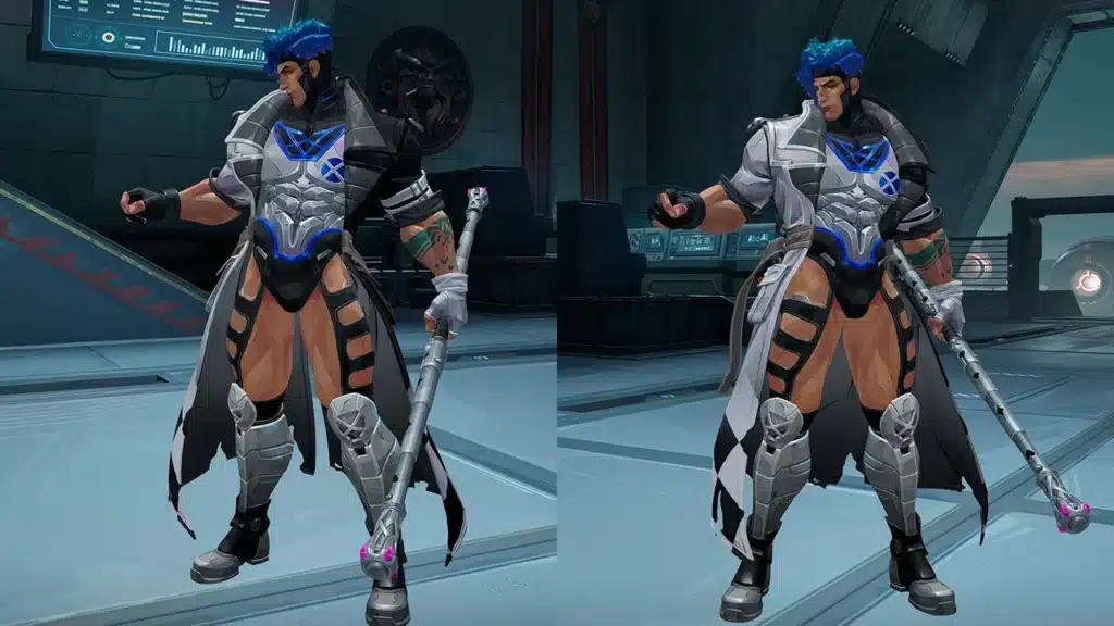 Gambit Rank skin coat and breathable pants mod comparison in Marvel Rivals with thigh skin exposed