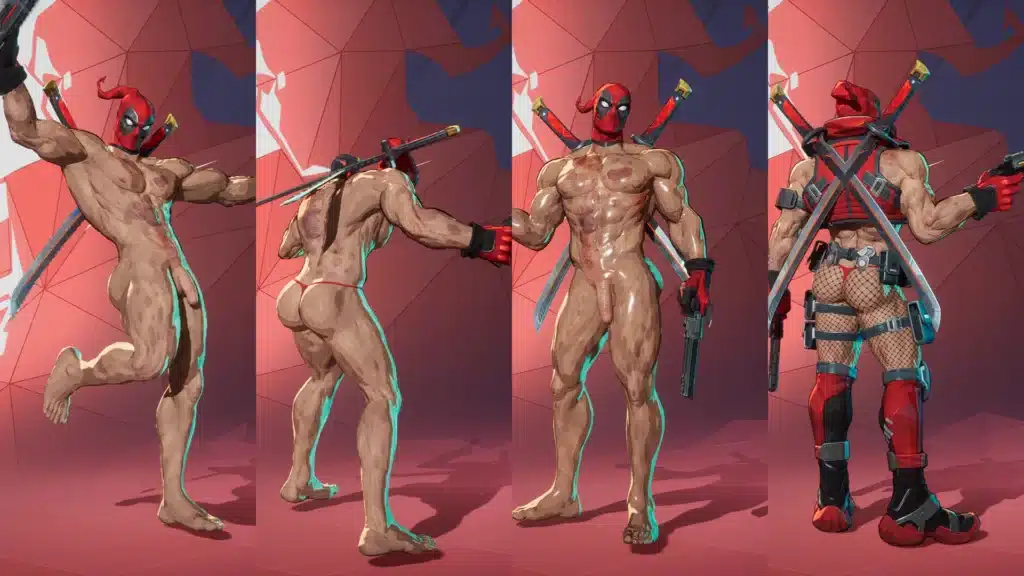 Deadpool Skimpy Fits mod in Marvel Rivals with nude and outfit variants in action poses