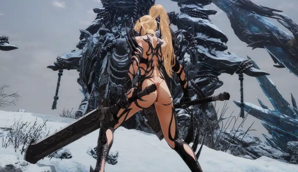 The First Berserker Khazan NAUGHTY GOTHIC KHASANDRA NSFW mod full-body back view with long blonde hair and gothic armor details