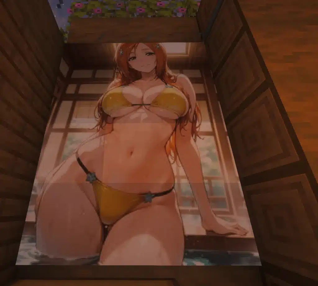 Minecraft painting showing an anime waifu in bikini from the Sexy Waifus 18+ texture pack