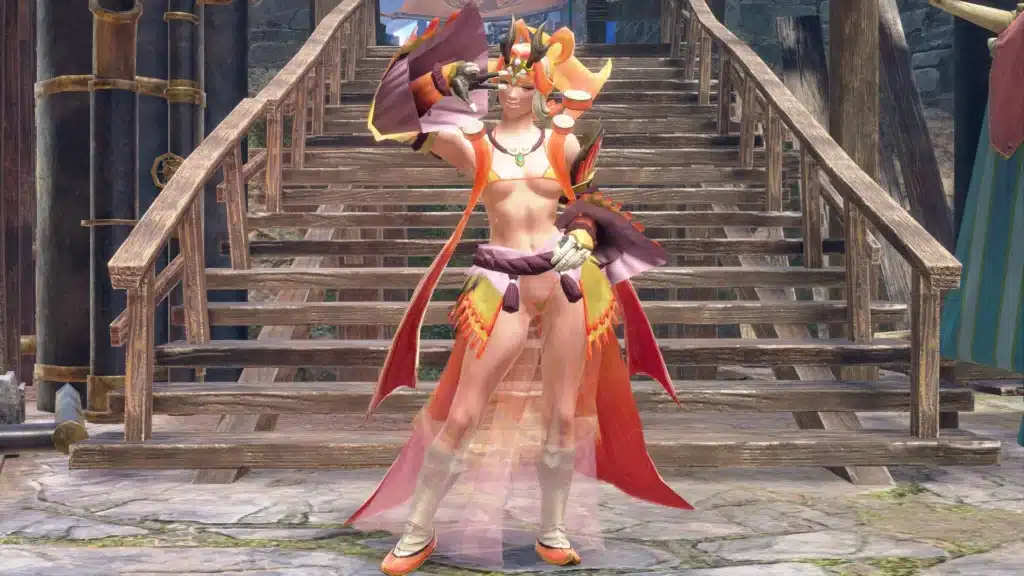 Monster Hunter Rise Narwa Pure armor replacer mod with character posing on stairs