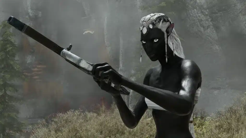 Black Na’vi character holding rifle from Natural Nudity Black and White mod in Avatar Frontiers of Pandora