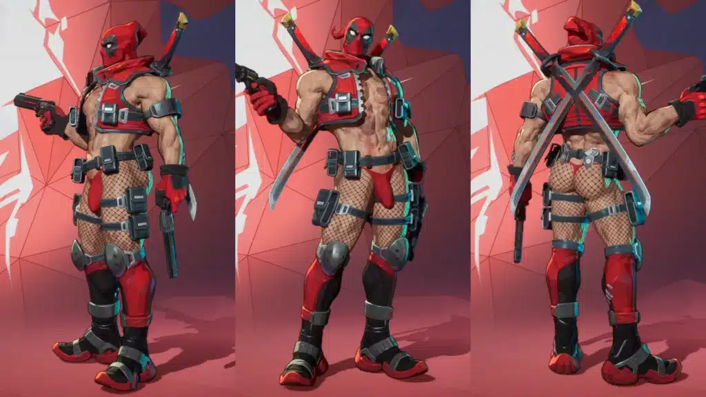 Deadpool fishnet skimpy outfit mod in Marvel Rivals with front and back views