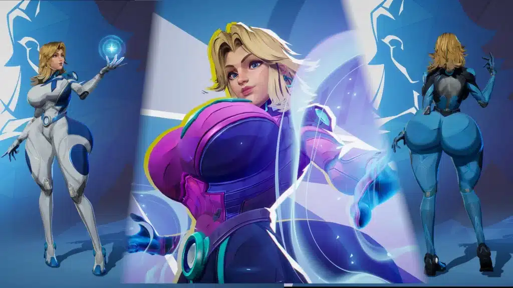 Marvel Rivals Thicc Invisible Woman mod comparison preview showing white and blue suit variants with front and back views