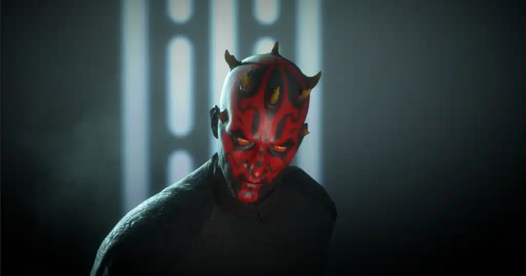 Close-up of Darth Maul showing updated tattoos and horns in Battlefront II (2017) mod