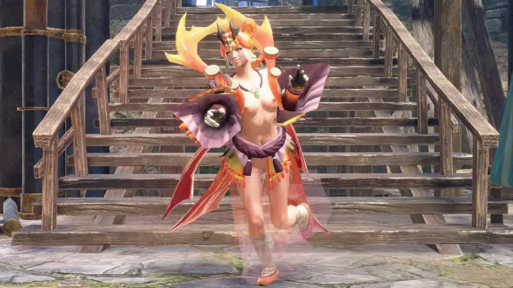 Skimpy Narwa Pure armor mod Monster Hunter Rise showing character running pose with flowing outfit fabric