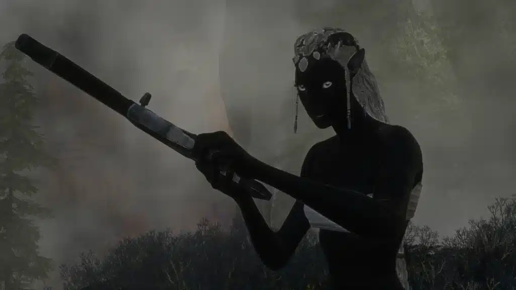 Black Na’vi Natural Nudity mod screenshot in low light foggy area showing lighting differences