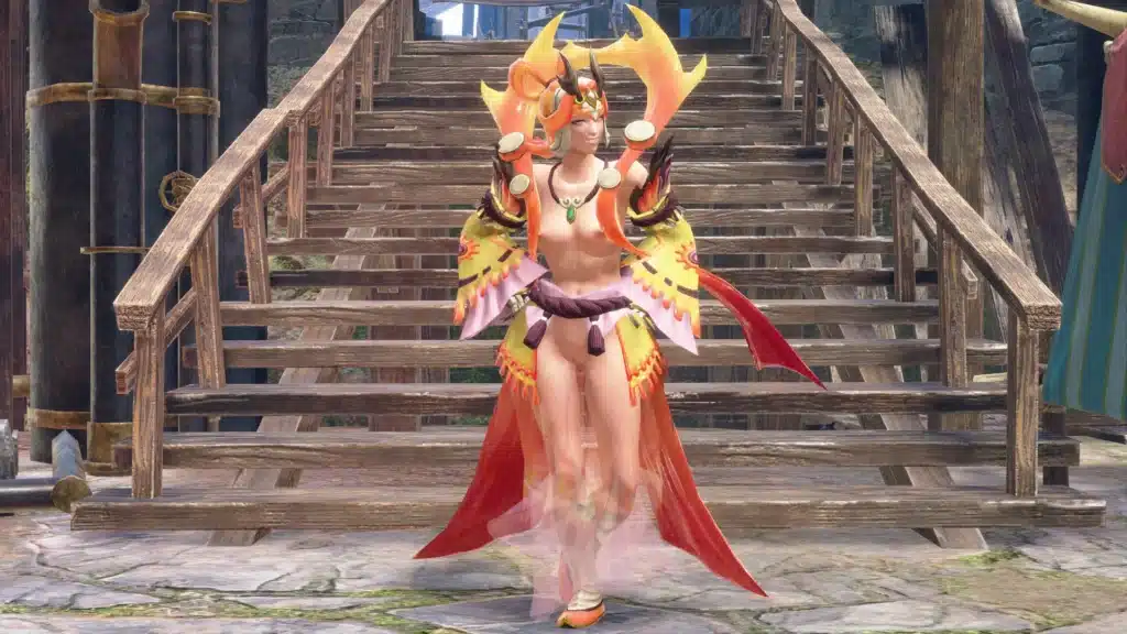 Monster Hunter Rise skimpy Narwa Pure outfit mod screenshot front view with Narwa-themed headpiece