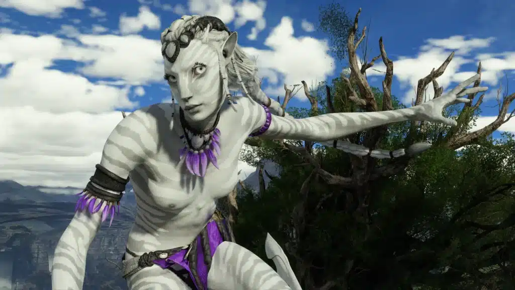 White Na’vi variant in action pose from Natural Nudity Black and White mod Avatar Frontiers of Pandora