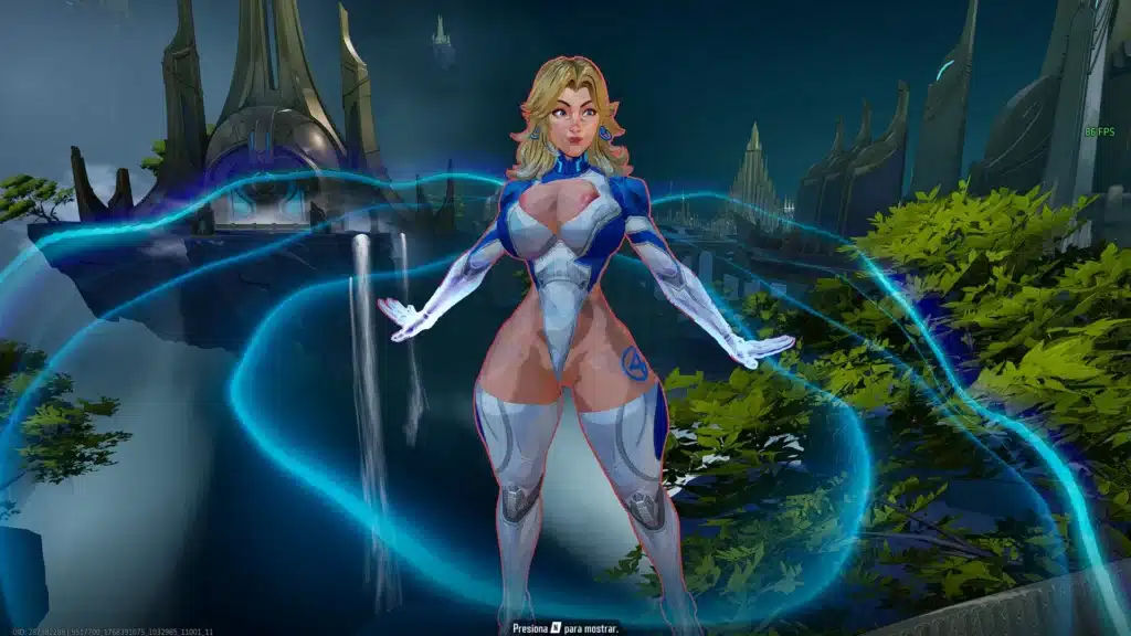 Full body screenshot of Invisible Woman NSFW mod in Marvel Rivals with blue energy field effect around Sue Storm