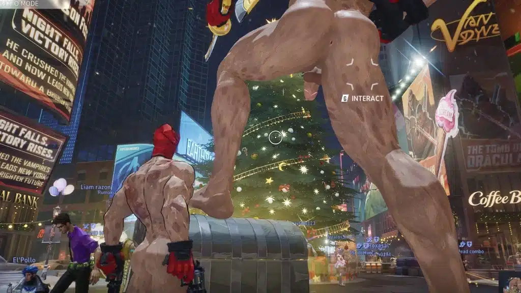 Marvel Rivals in-game screenshot showing oversized modded Deadpool characters in a city hub