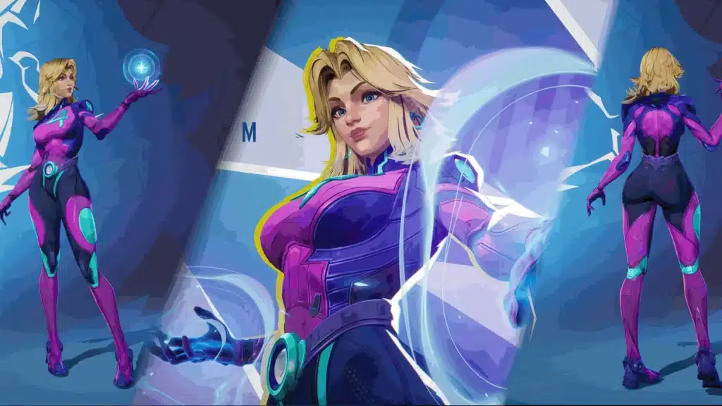 Marvel Rivals Thicc Invisible Woman mod size variant preview labeled M with purple suit front and back views