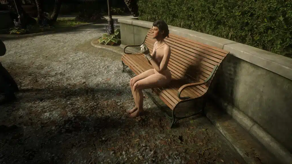 Nude NPC sitting on a bench in Red Dead Redemption 2 after being stripped with the Unstrip mod