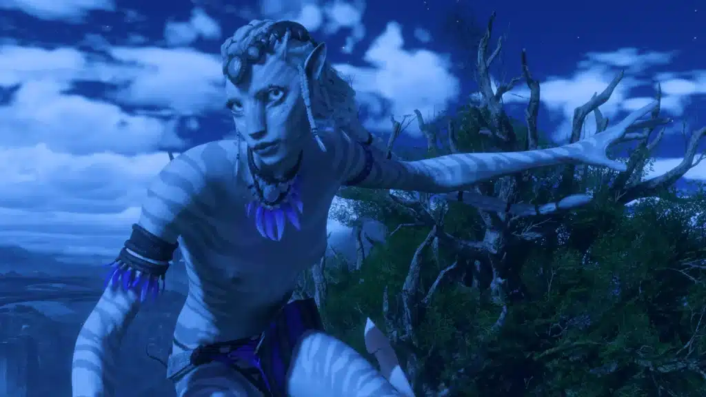 White Na’vi variant at night under blue lighting showing Natural Nudity mod appearance in Avatar Frontiers of Pandora