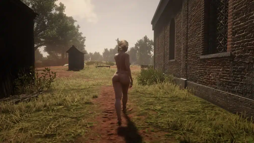 Nude female NPC walking outdoors near a brick building in Red Dead Redemption 2 using the Unstrip NSFW mod