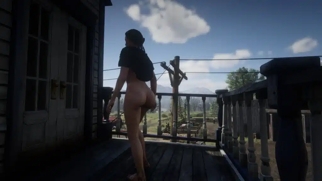 Nude female NPC standing on a wooden balcony in Red Dead Redemption 2 using Unstrip – Full Nude mod