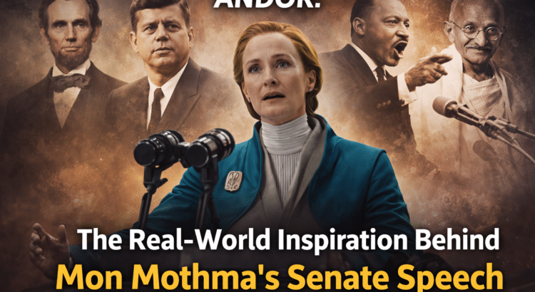 Mon Mothma delivering a senate speech in Andor, paired with historical leaders who inspired the scene’s tone and rhetoric.