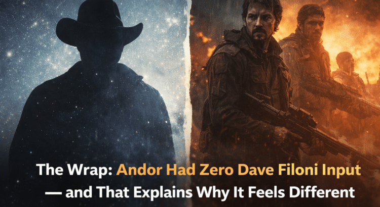 Split image showing a Dave Filoni silhouette and gritty rebel scene with headline about Andor having zero Filoni input