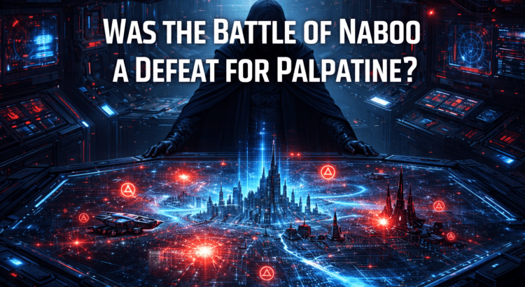 Sci-fi illustration showing a hooded strategist observing a holographic battlefield, symbolizing Palpatine’s role in the Battle of Naboo