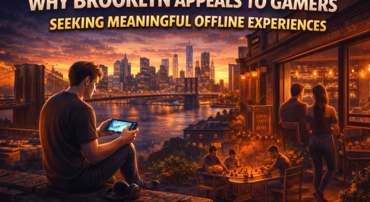 A gamer enjoying offline time in Brooklyn with city views, social spaces, and relaxed evening atmosphere.
