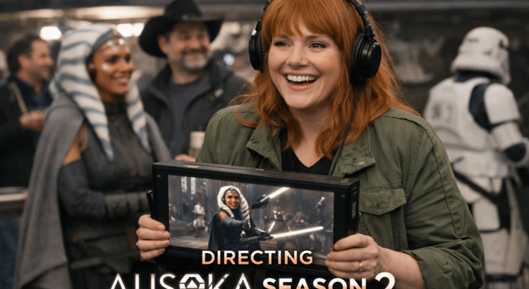 Bryce Dallas Howard directing Ahsoka Season 2 on set, smiling while holding a monitor during filming at Lucasfilm