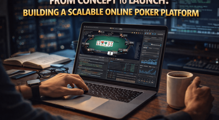 Developer working on a scalable online poker platform using a laptop with code, analytics dashboards, and poker software.