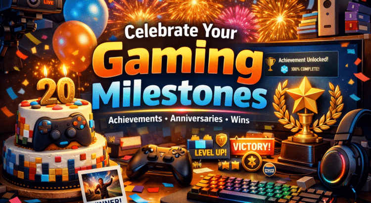 Celebrate gaming milestones with achievements, trophies, live streaming, and a custom gaming-themed cake.