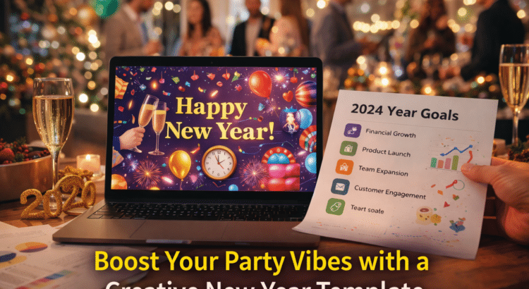 Festive New Year party scene with a laptop showing a Happy New Year presentation template and champagne glasses