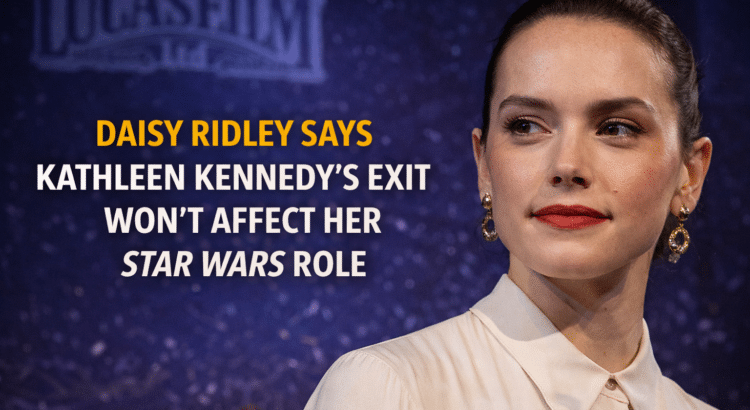 Daisy Ridley pictured during a Star Wars event backdrop while discussing her future role in the franchise.