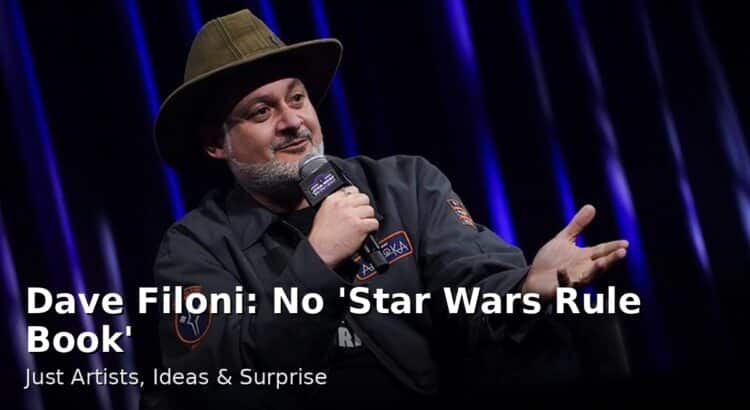 Dave Filoni speaking on stage with headline about not using a Star Wars rule book