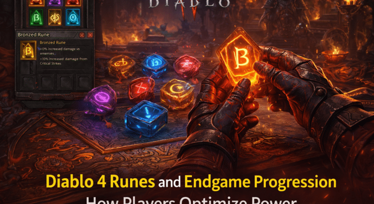 Diablo 4 endgame rune optimization with glowing runes and inventory interface in a dark Sanctuary setting