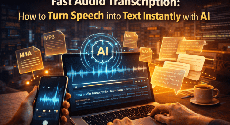 AI speech-to-text transcription shown on a laptop and smartphone with audio waveform converting into text instantly.
