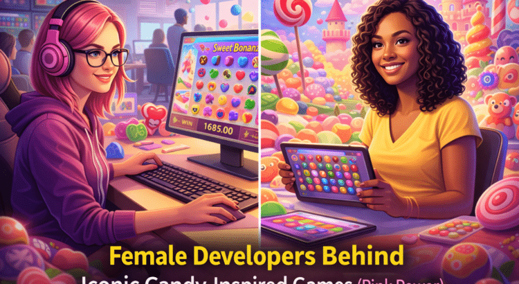 Two female game developers in a candy-themed studio working on colorful candy-style games and slot-inspired visuals