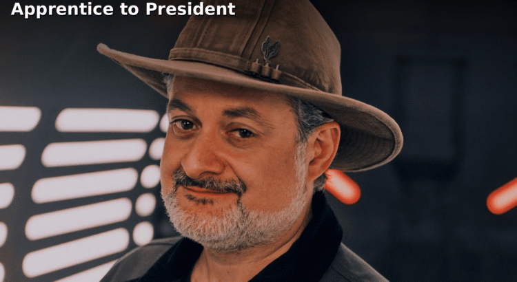 Dave Filoni portrait banner with headline about becoming Lucasfilm President after working under George Lucas