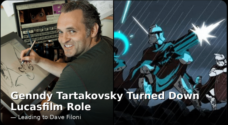Genndy Tartakovsky at a drawing desk next to Clone Wars animation still with headline about Dave Filoni joining Lucasfilm