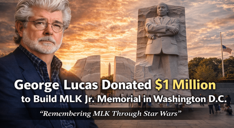 George Lucas and the Martin Luther King Jr. Memorial in Washington D.C. with headline about $1 million donation