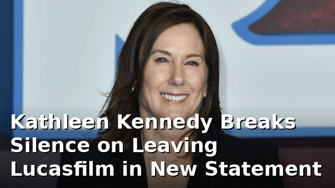 Kathleen Kennedy photo banner with headline about her statement on leaving Lucasfilm