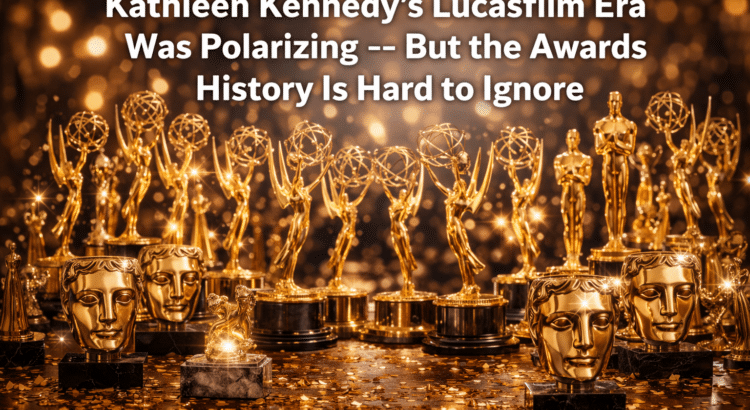 Awards trophies on a table with headline about Kathleen Kennedy’s Lucasfilm era awards history