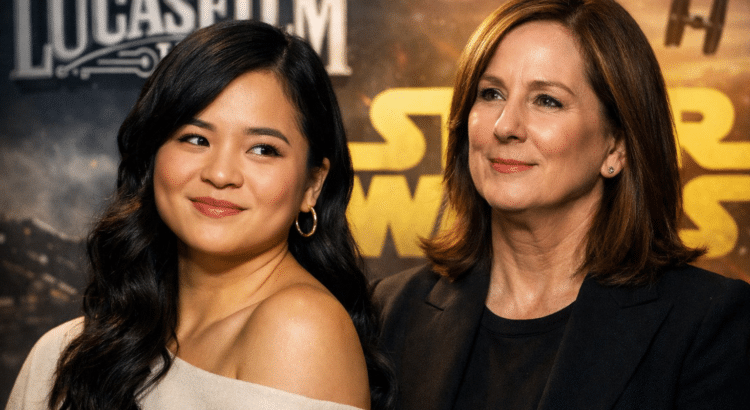 Kelly Marie Tran and Kathleen Kennedy at a Star Wars and Lucasfilm event backdrop.