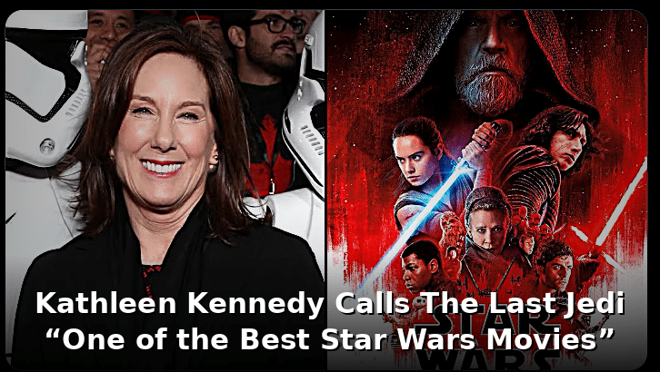 Kathleen Kennedy and The Last Jedi poster banner with headline about her praising Rian Johnson’s Star Wars film